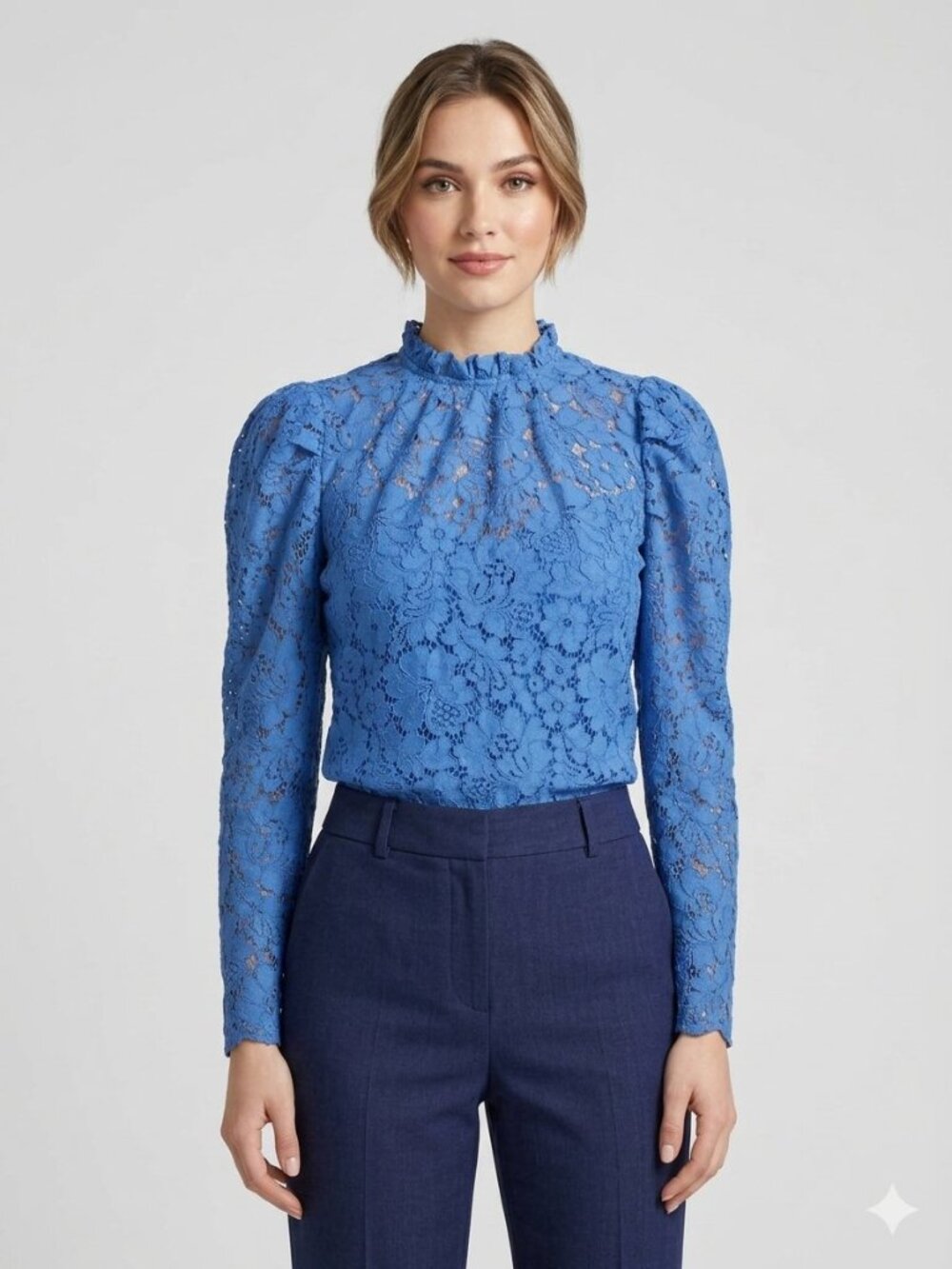 Women’s Express Floral Lace Puff Long Sleeve High Neck Blouse - Size M
